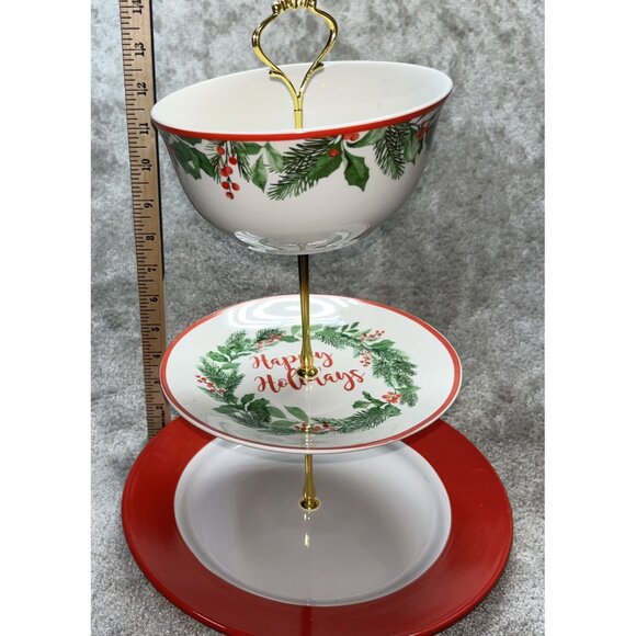 Christmas 3-Tier Ceramic Serving Stand Tid Bit With Gold Handle Holiday Parties - Picture 4 of 8